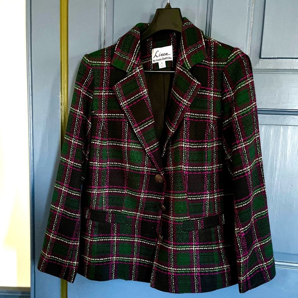 Linea by Louis Dell Olio Green Plaid Short Jacket Size 4